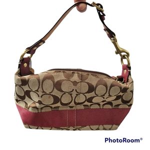 Coach Handle Pouch Khaki/Signature Red Stripe Leather and Canvas Hobo Mini Bag